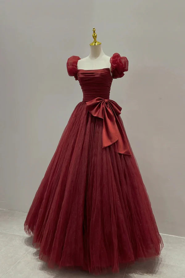 Burgundy Tulle Long A-Line Prom Dress Lovely Evening Graduation Dress