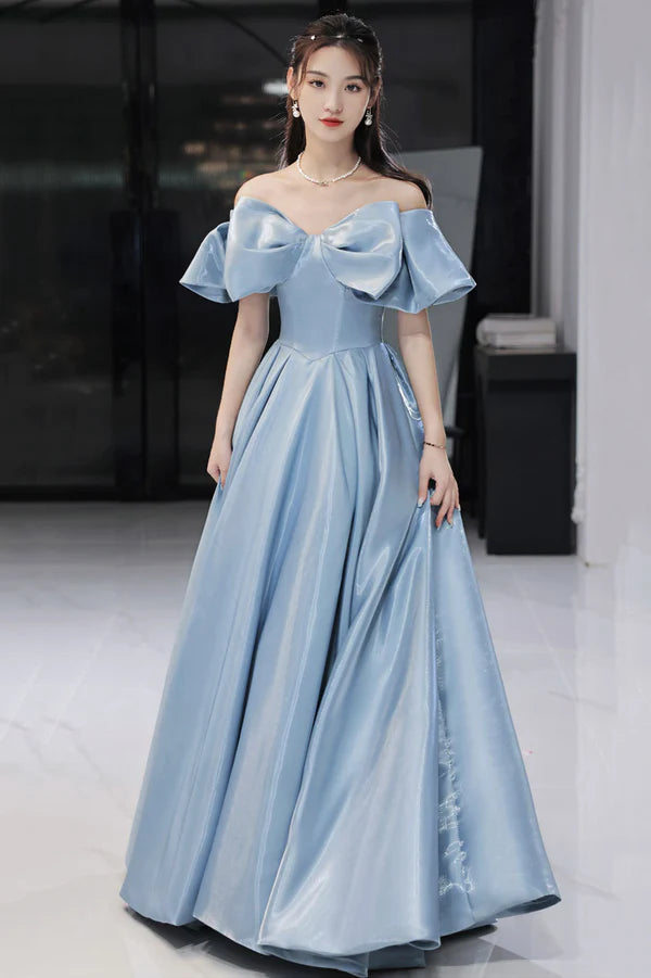 Blue Satin Long A-Line Prom Dress Off the Shoulder Evening Dress with Bow
