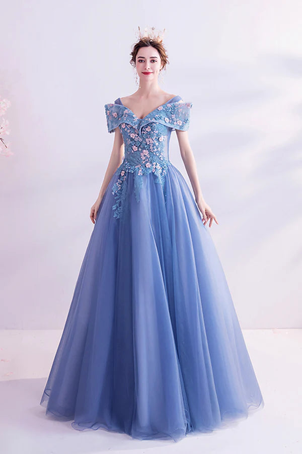 Blue Lace Off the Shoulder Prom Dress A-Line Evening Graduation Dress