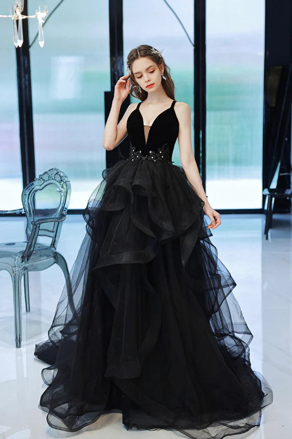 Black V-Neck Tulle Long Prom Dress Black Graduation Dress with Lace