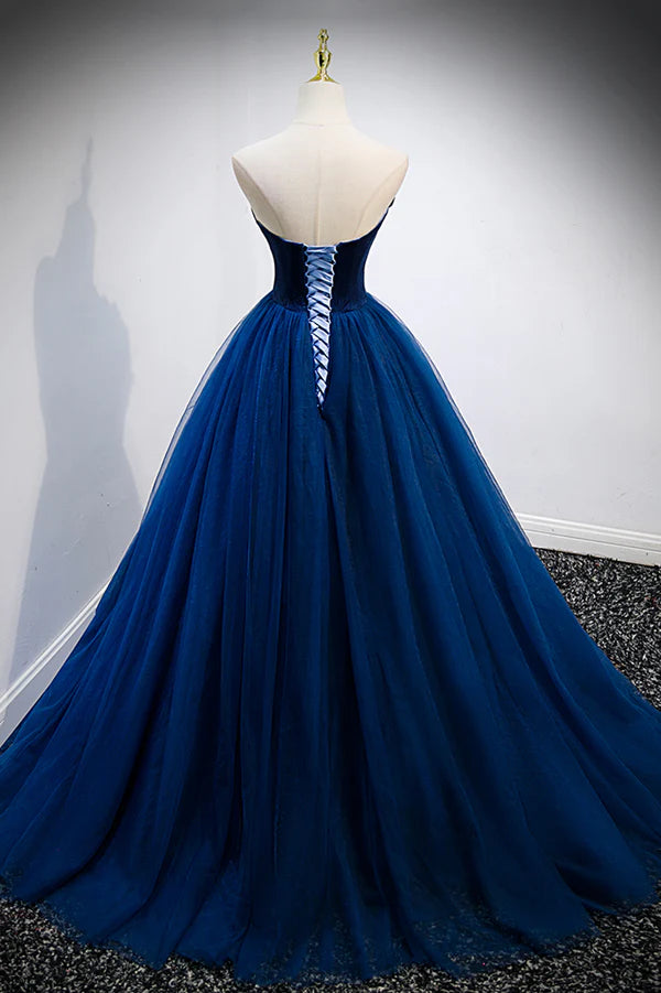 Blue Velvet Tulle Long A-Line Prom Dress Blue Strapless Formal Evening Dress