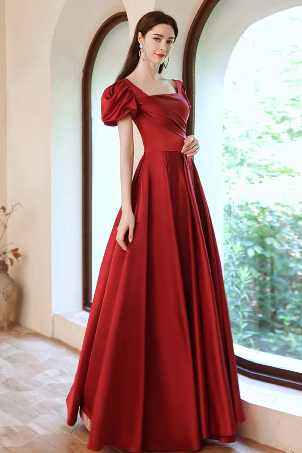 Burgundy Satin Long A-Line Prom Dress Lovely Puff Sleeve Evening Dress