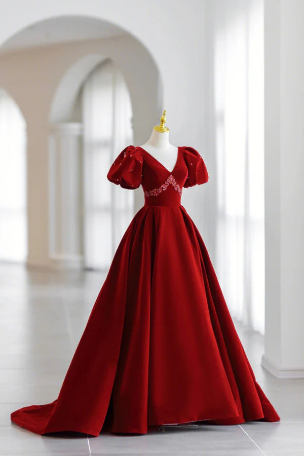 Burgundy V-Neck Velvet Long Formal Dress A-Line Short Sleeve Evening Dress