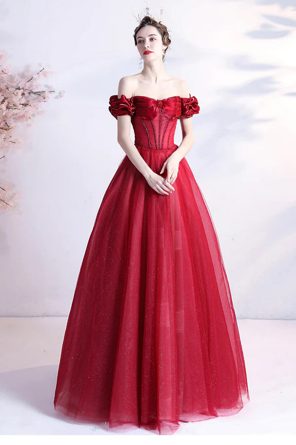 Red Tulle Off the Shoulder Long Prom Dress A-Line Graduation Dress