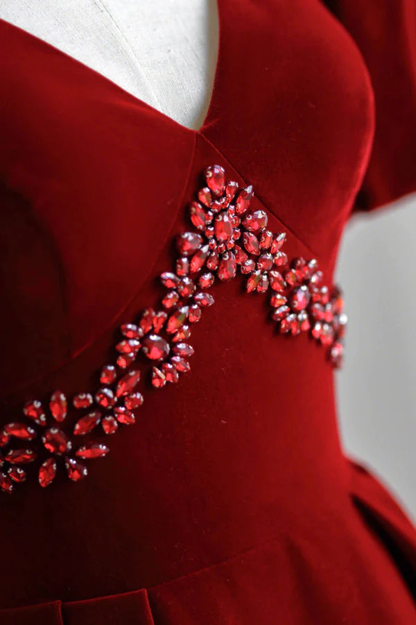 Burgundy V-Neck Velvet Long Formal Dress A-Line Short Sleeve Evening Dress