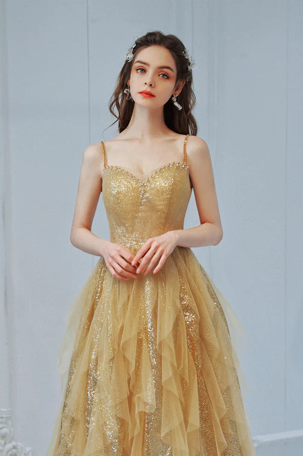 Gold Sequins Long A-Line Prom Dress Cute Spaghetti Straps Evening Party Dress