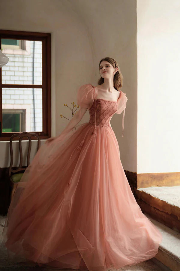 Cute Tulle Short Sleeve Floor Length Prom Dress A-Line Evening Party Dress