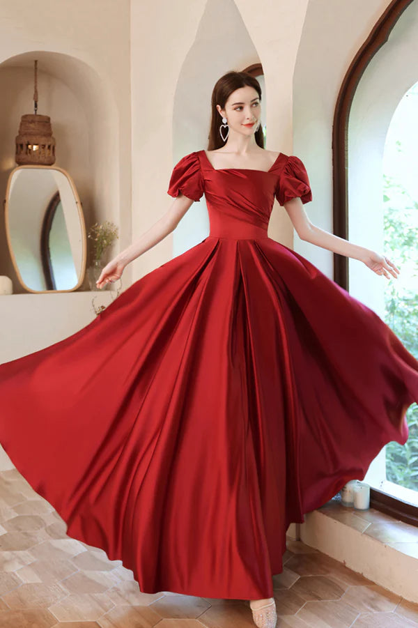 Burgundy Satin Long A-Line Prom Dress Lovely Puff Sleeve Evening Dress