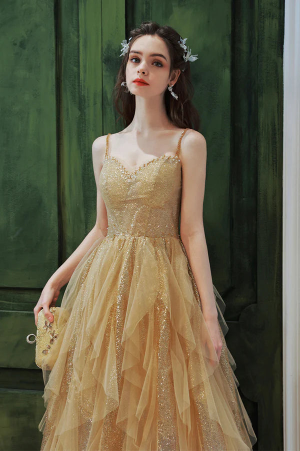 Gold Sequins Long A-Line Prom Dress Cute Spaghetti Straps Evening Party Dress