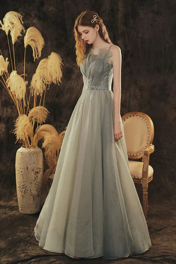 Cute Spaghetti Strap Tulle Long Formal Dress A-Line Evening Party Dress