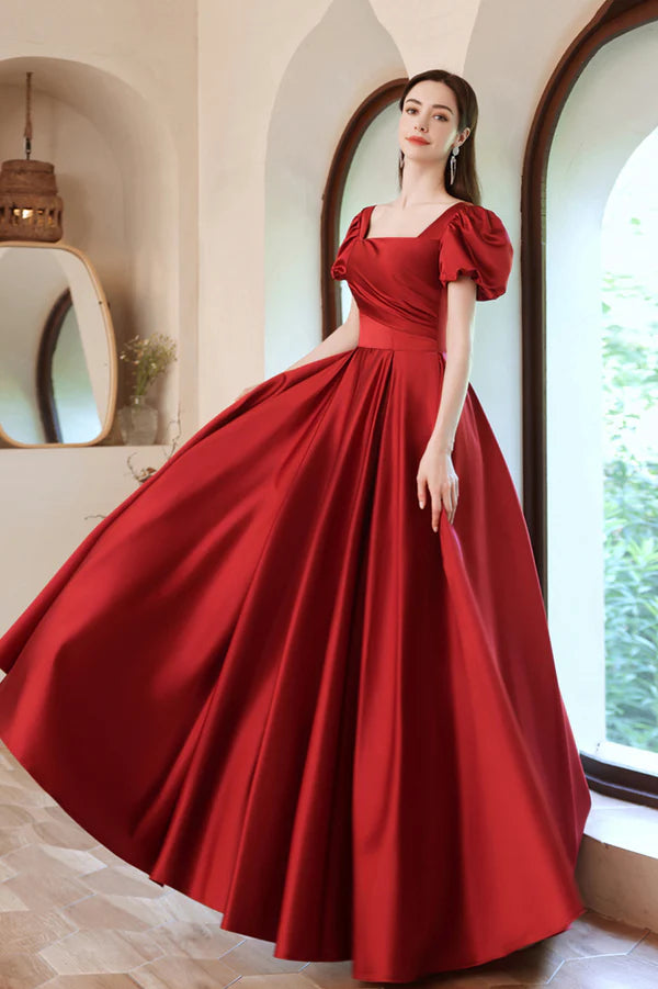 Burgundy Satin Long A-Line Prom Dress Lovely Puff Sleeve Evening Dress