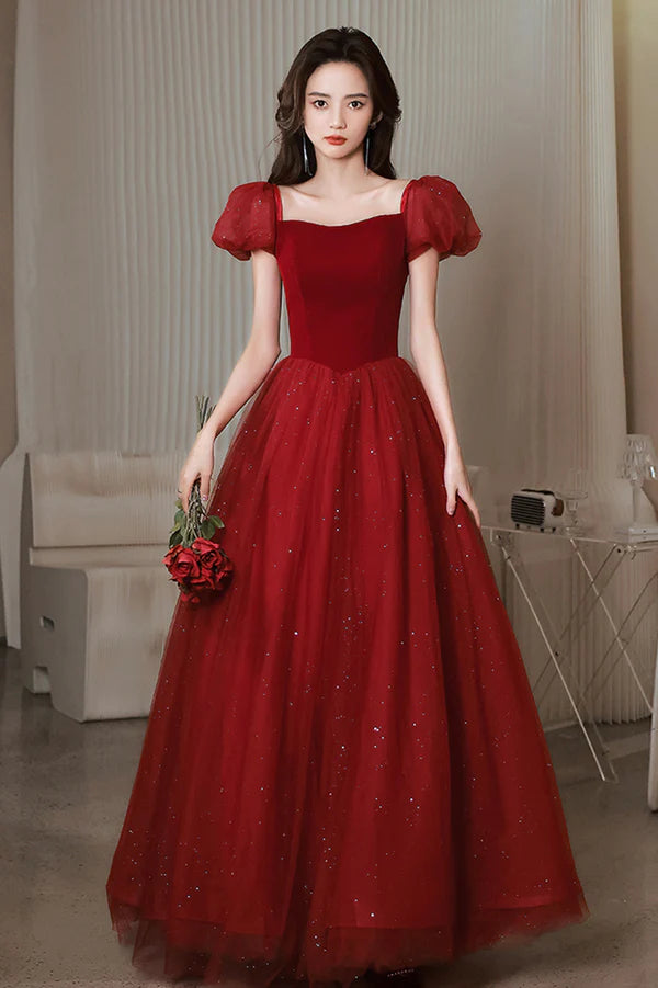 Red Velvet Tulle Long Prom Dress Cute Short Sleeve Evening Dress