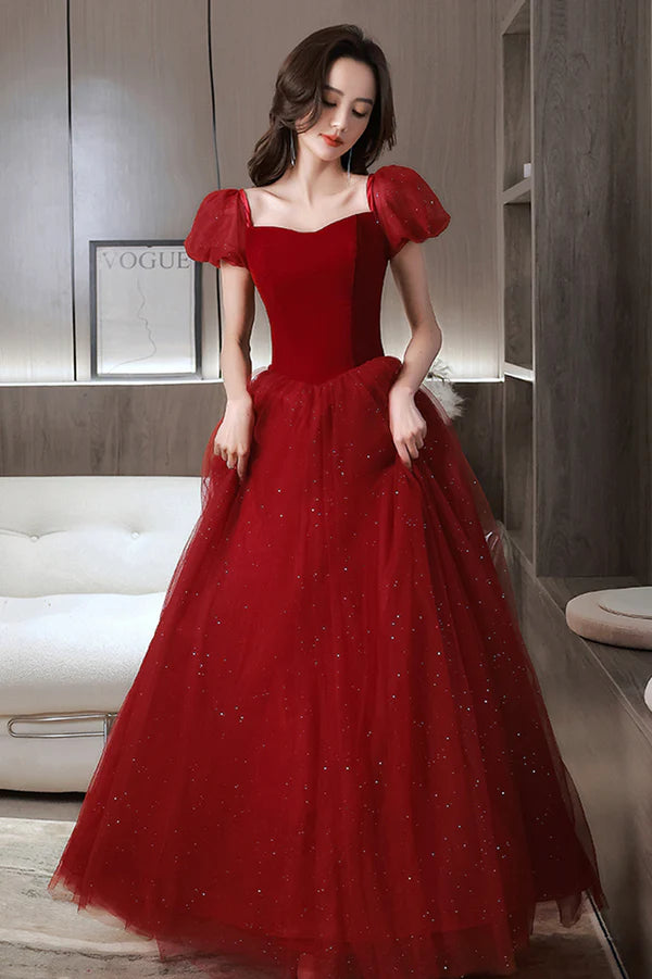 Red Velvet Tulle Long Prom Dress Cute Short Sleeve Evening Dress