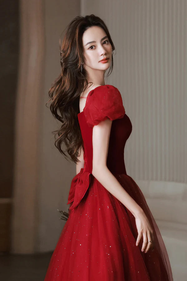 Red Velvet Tulle Long Prom Dress Cute Short Sleeve Evening Dress