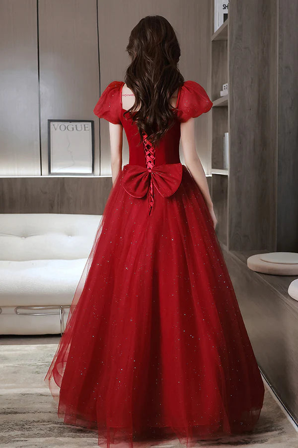 Red Velvet Tulle Long Prom Dress Cute Short Sleeve Evening Dress