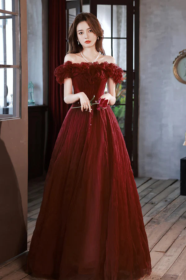Burgundy Tulle Long A-Line Prom Dress Cute Off the Shoulder Evening Dress
