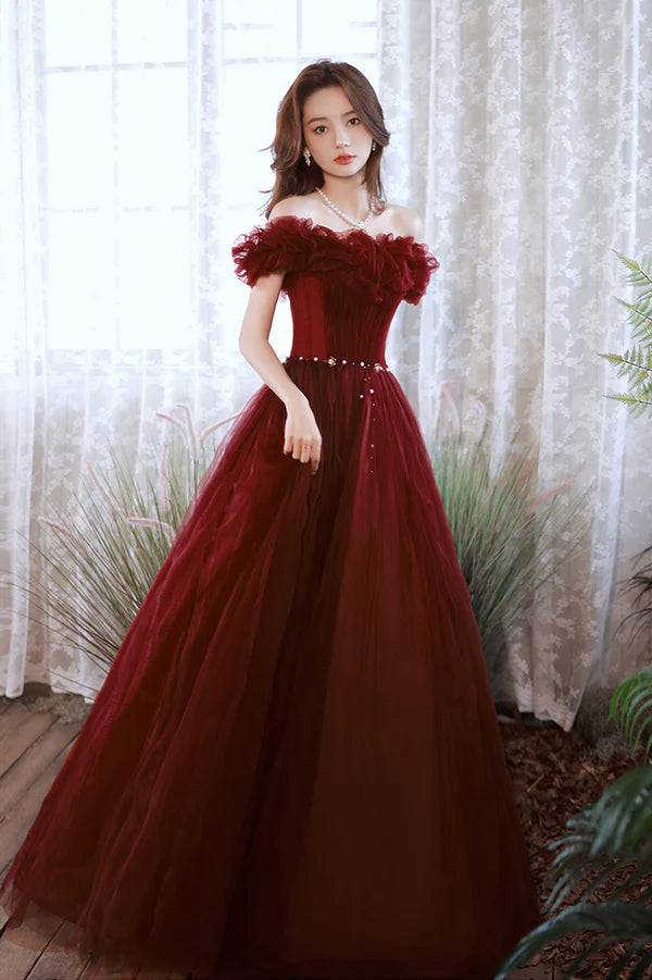 Burgundy Tulle Long A-Line Prom Dress Cute Off the Shoulder Evening Dress