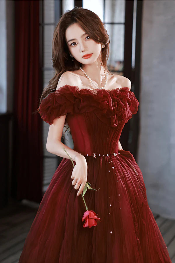 Burgundy Tulle Long A-Line Prom Dress Cute Off the Shoulder Evening Dress