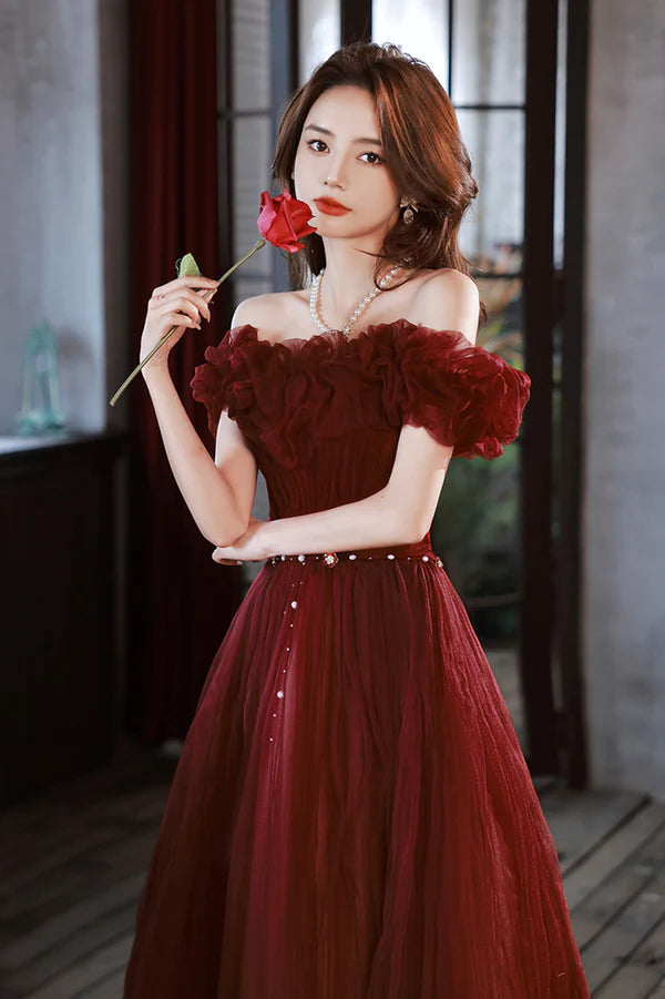Burgundy Tulle Long A-Line Prom Dress Cute Off the Shoulder Evening Dress