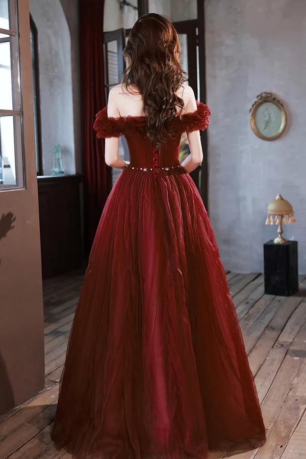 Burgundy Tulle Long A-Line Prom Dress Cute Off the Shoulder Evening Dress