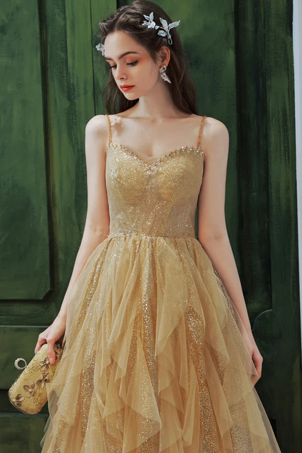 Gold Sequins Long A-Line Prom Dress Cute Spaghetti Straps Evening Party Dress