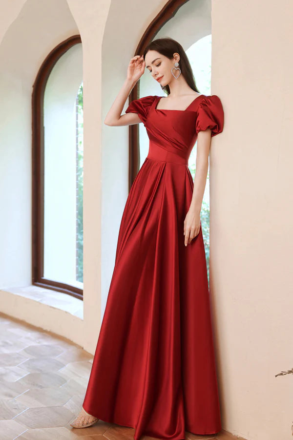 Burgundy Satin Long A-Line Prom Dress Lovely Puff Sleeve Evening Dress