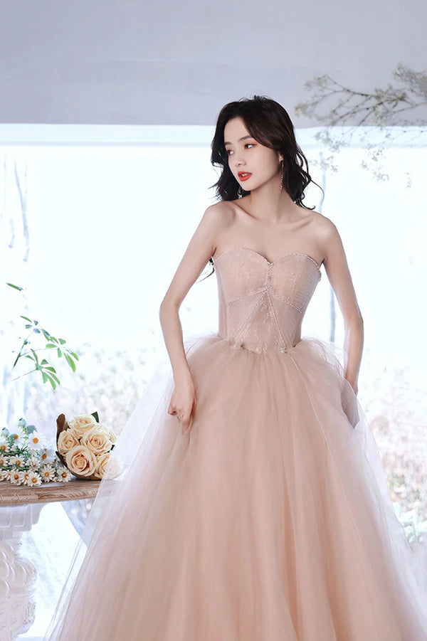 Pink Tulle Long A-Line Prom Dress Pink Off the Shoulder Evening Party Dress