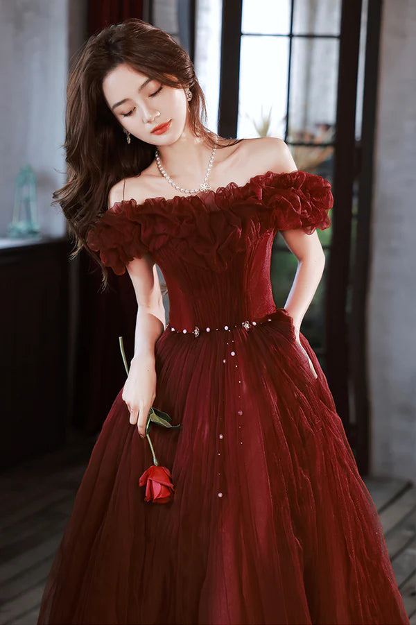 Burgundy Tulle Long A-Line Prom Dress Cute Off the Shoulder Evening Dress