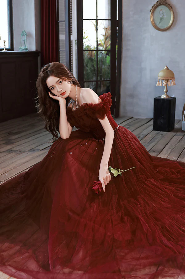 Burgundy Tulle Long A-Line Prom Dress Cute Off the Shoulder Evening Dress