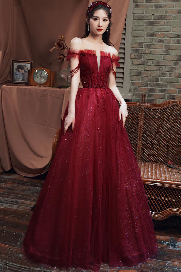 Burgundy Tulle Long A-Line Prom with Beaded Off the Shoulder Evening Party Dress
