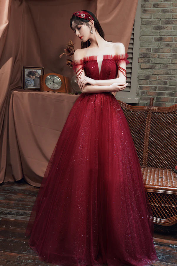 Burgundy Tulle Long A-Line Prom with Beaded Off the Shoulder Evening Party Dress