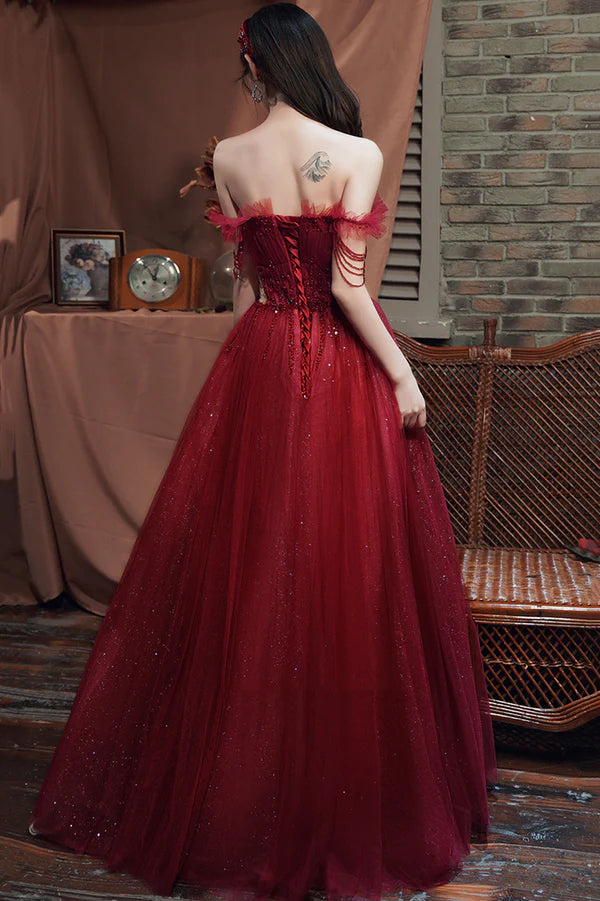Burgundy Tulle Long A-Line Prom with Beaded Off the Shoulder Evening Party Dress