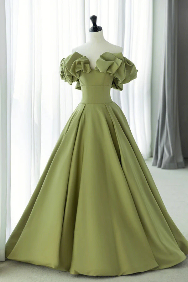 Green Satin Long Prom Dress Green A-Line Evening Dress