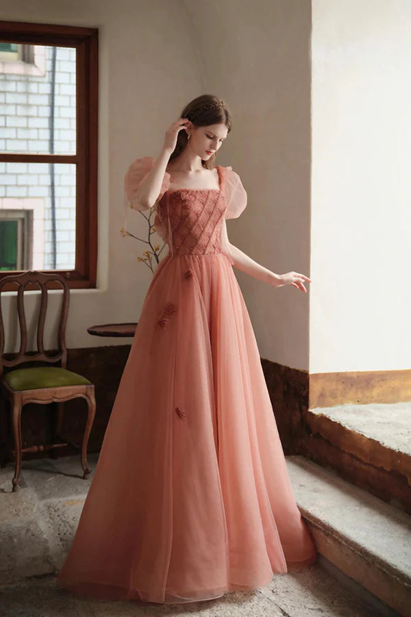 Cute Tulle Short Sleeve Floor Length Prom Dress A-Line Evening Party Dress