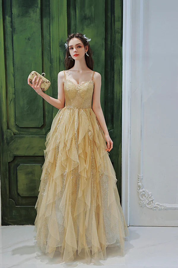 Gold Sequins Long A-Line Prom Dress Cute Spaghetti Straps Evening Party Dress