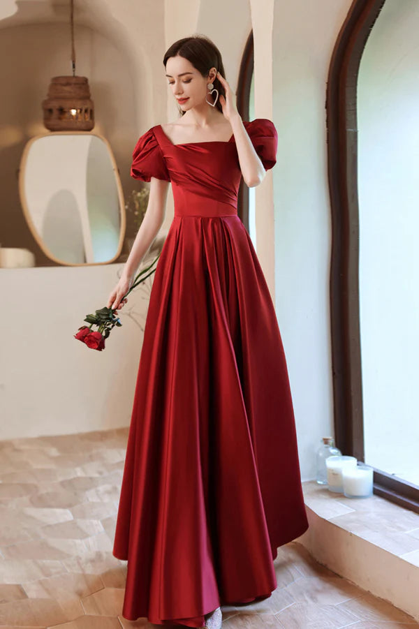 Burgundy Satin Long A-Line Prom Dress Lovely Puff Sleeve Evening Dress