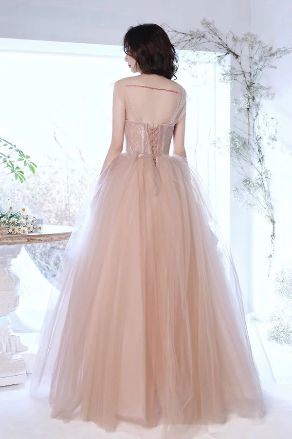 Pink Tulle Long A-Line Prom Dress Pink Off the Shoulder Evening Party Dress