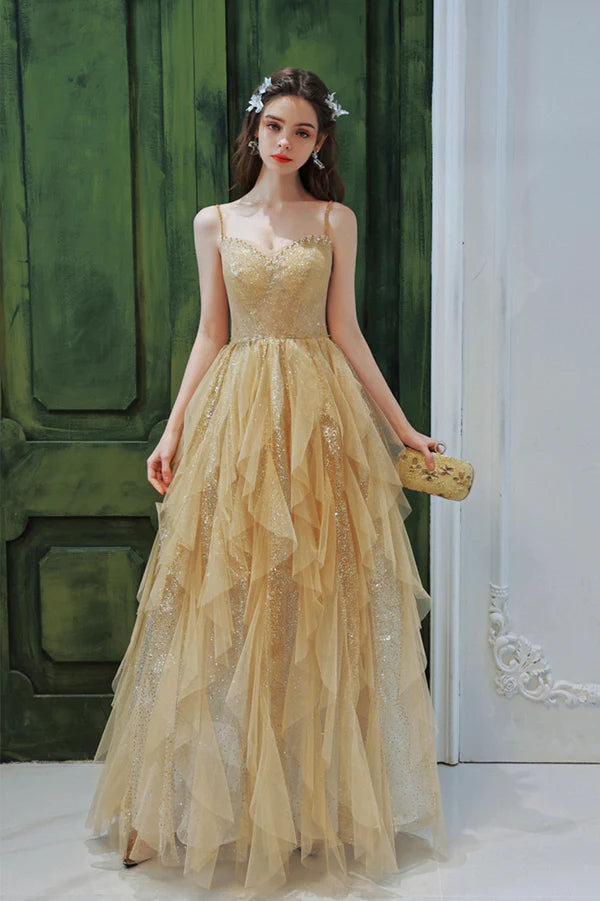 Gold Sequins Long A-Line Prom Dress Cute Spaghetti Straps Evening Party Dress