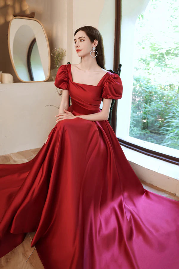 Burgundy Satin Long A-Line Prom Dress Lovely Puff Sleeve Evening Dress