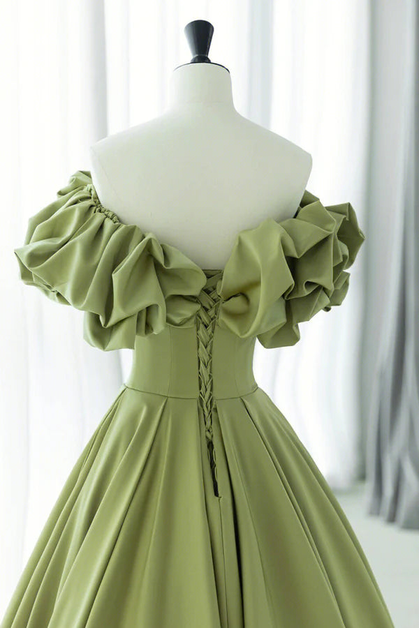 Green Satin Long Prom Dress Green A-Line Evening Dress
