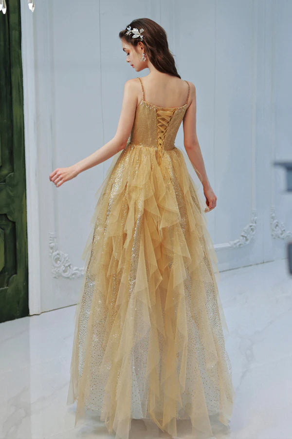 Gold Sequins Long A-Line Prom Dress Cute Spaghetti Straps Evening Party Dress