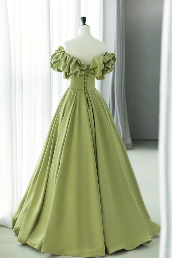 Green Satin Long Prom Dress Green A-Line Evening Dress
