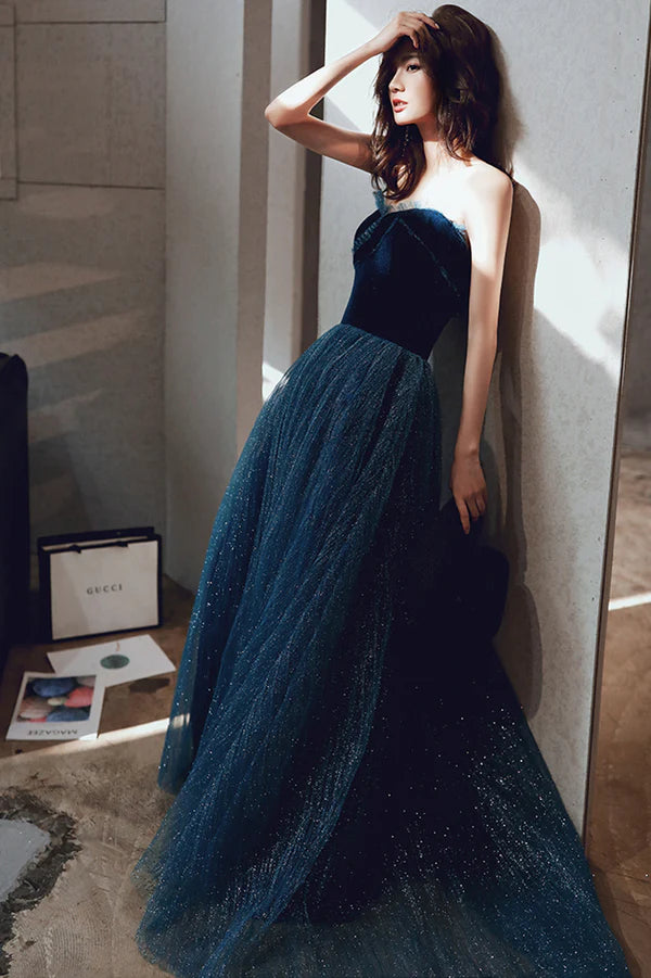 Blue Strapless Tulle Long Prom Dress A-Line Evening Party Dress