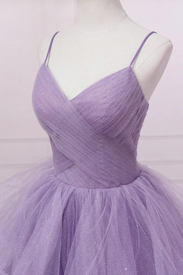 Purple V-Neck Tulle Long Prom Dress Spaghetti Straps A-Line Evening Dress