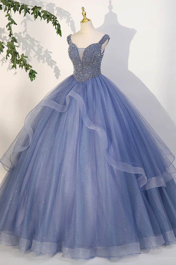 Blue Beaded Tulle Long A-Line Prom Dress Blue Formal Dress