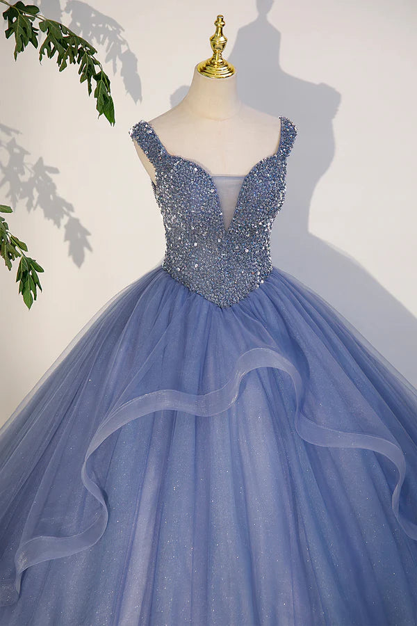 Blue Beaded Tulle Long A-Line Prom Dress Blue Formal Dress