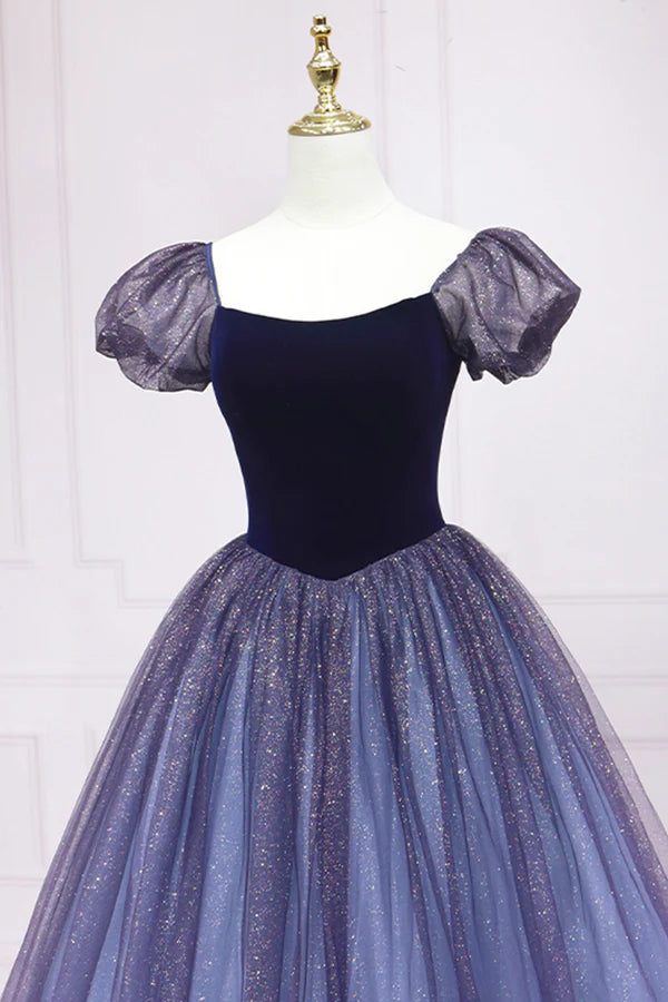 Cute Velvet Tulle Long Prom Dress A-Line Short Sleeve Graduation Dress