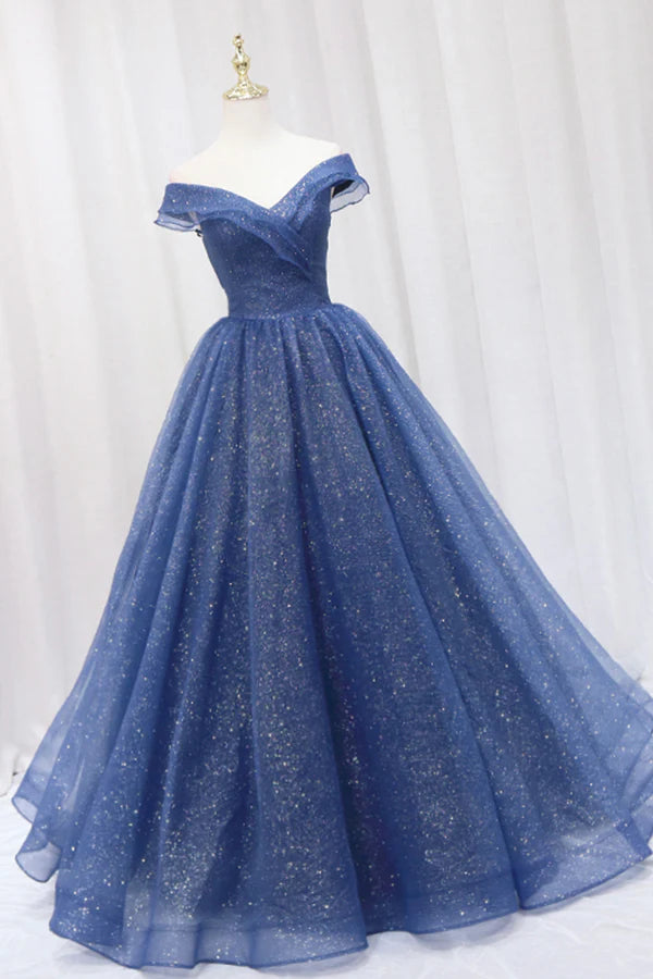Blue Shiny Tulle Off the Shoulder Prom Dress Blue V-Neck Evening Dress