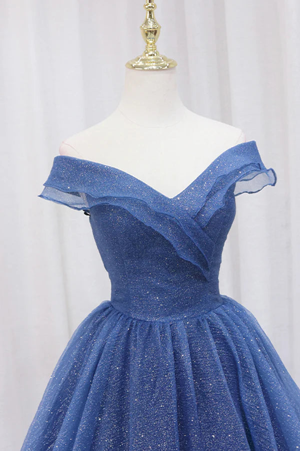 Blue Shiny Tulle Off the Shoulder Prom Dress Blue V-Neck Evening Dress