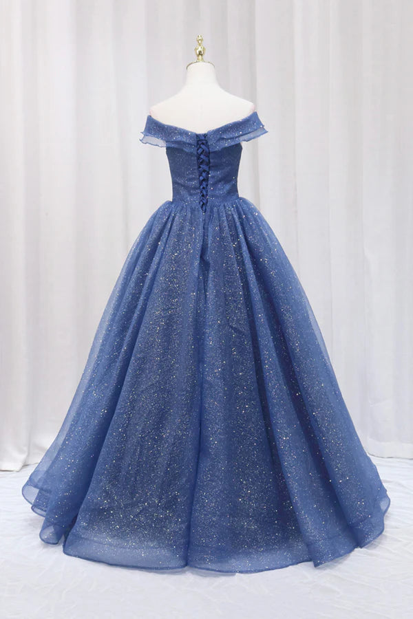 Blue Shiny Tulle Off the Shoulder Prom Dress Blue V-Neck Evening Dress